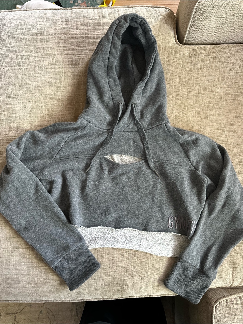 GYMSHARK Gray Cropped Hoodie w/ Raw Edge and Key Hole